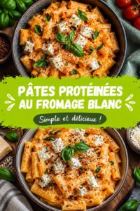 Plat de pâtes protéinées au fromage blanc avec légumes colorés, prêt à manger.