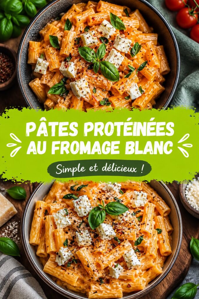 Plat de pâtes protéinées au fromage blanc avec légumes colorés, prêt à manger.