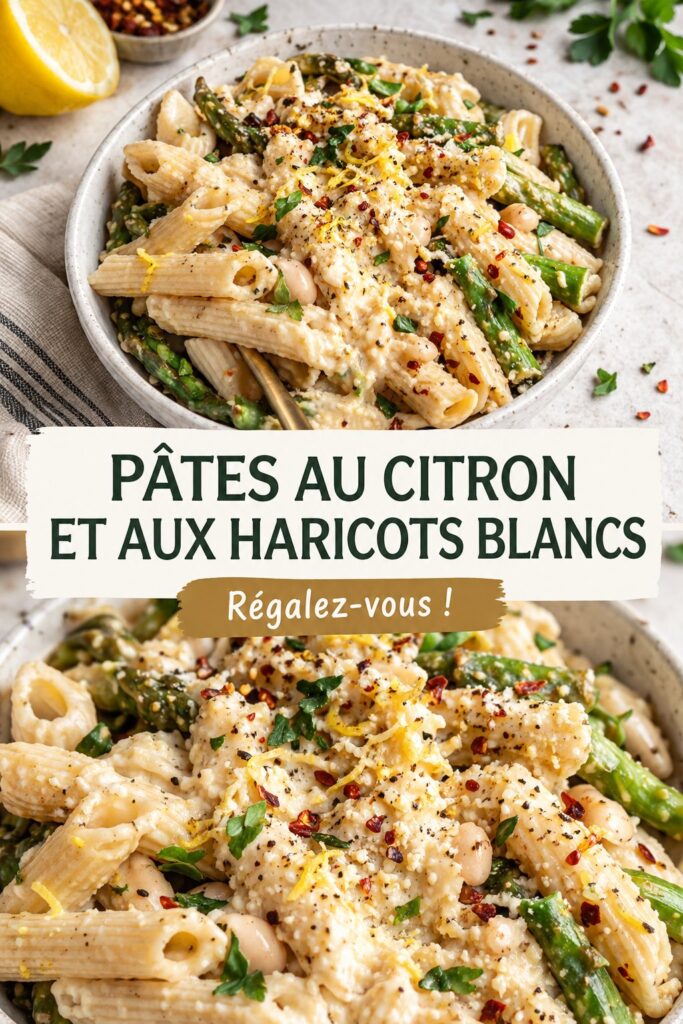 Pâtes véganes au citron garnies de haricots blancs sur une assiette pour un repas sain.