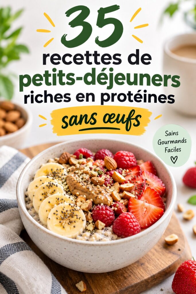 Un petit déjeuner coloré avec des options protéinées sans œufs sur une table en bois.