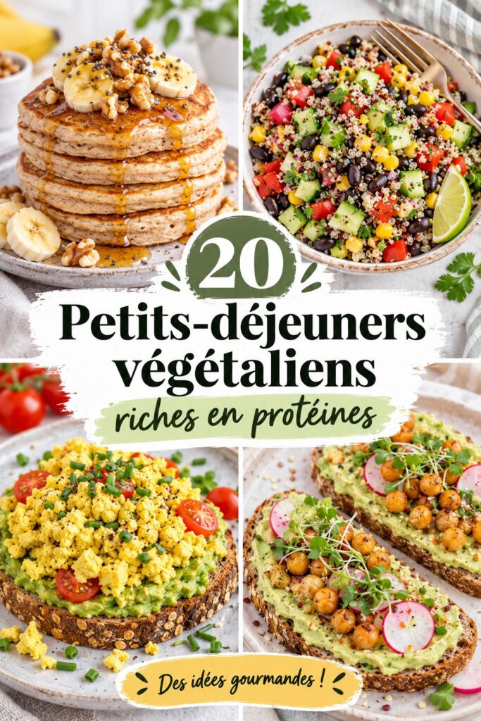 Assortiment de petits déjeuners végétaliens riches en protéines, comprenant smoothies, pancakes et bowls.