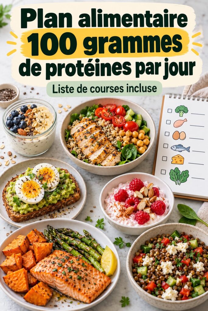 Assiette colorée avec des repas riches en protéines, idéale pour un plan de nutrition réussi.