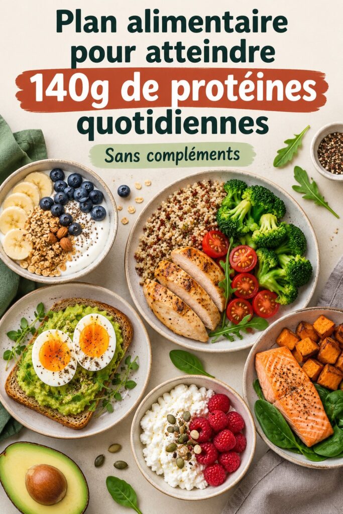 Un plat coloré composé de sources de protéines variées, présenté sur une table