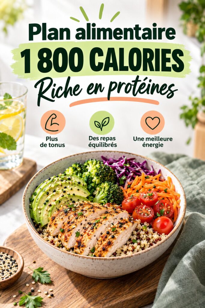 Plan de repas illustré avec des aliments riches en protéines et équilibrés pour 1800 calories.
