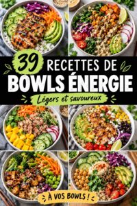 Assortiment de power bowls colorés et sains, prêts à être dégustés.