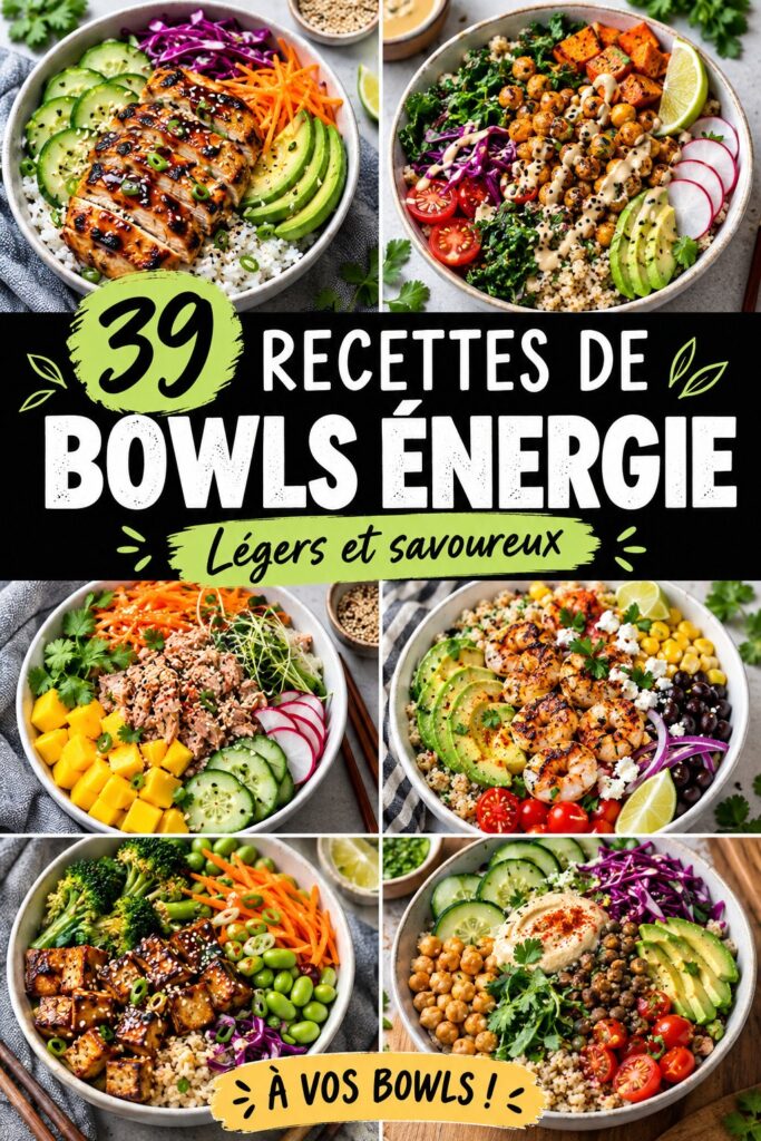 Assortiment de power bowls colorés et sains, prêts à être dégustés.