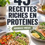 Recettes DASH saines et protéinées sur une table en bois.