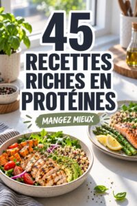 Recettes DASH saines et protéinées sur une table en bois.