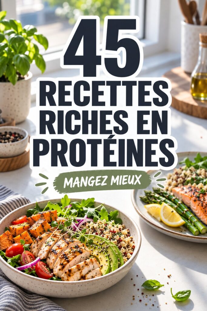 Recettes DASH saines et protéinées sur une table en bois.