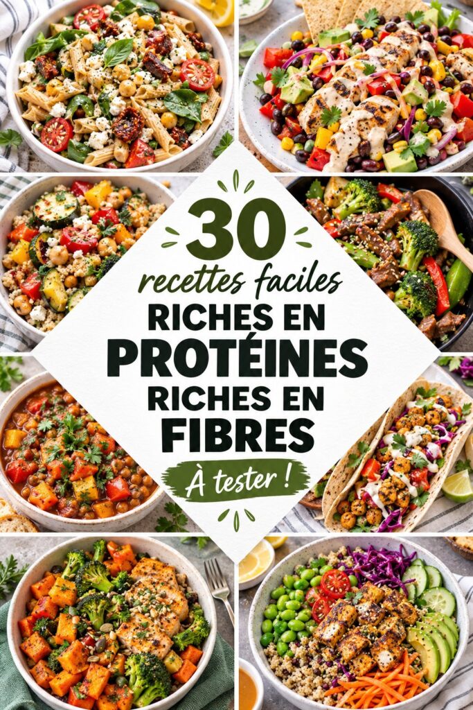 Plats colorés de recettes riches en protéines et en fibres sur une table.