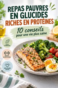 Recettes saines et équilibrées, assiette colorée avec protéines et légumes.