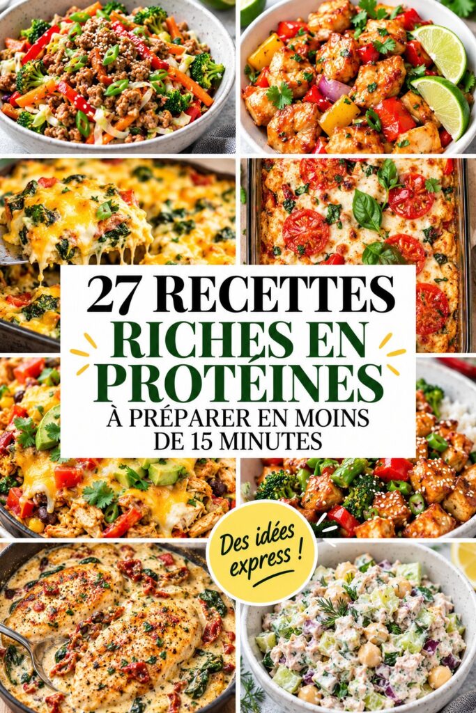 Assiette de plats variés avec des recettes protéinées prêtes en moins de 15 minutes.