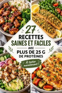 Assiette colorée avec des recettes protéinées saines, incluant viande, légumes et céréales.