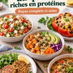 Assiette de recettes variées à base de quinoa, montrant des plats colorés et appétissants.