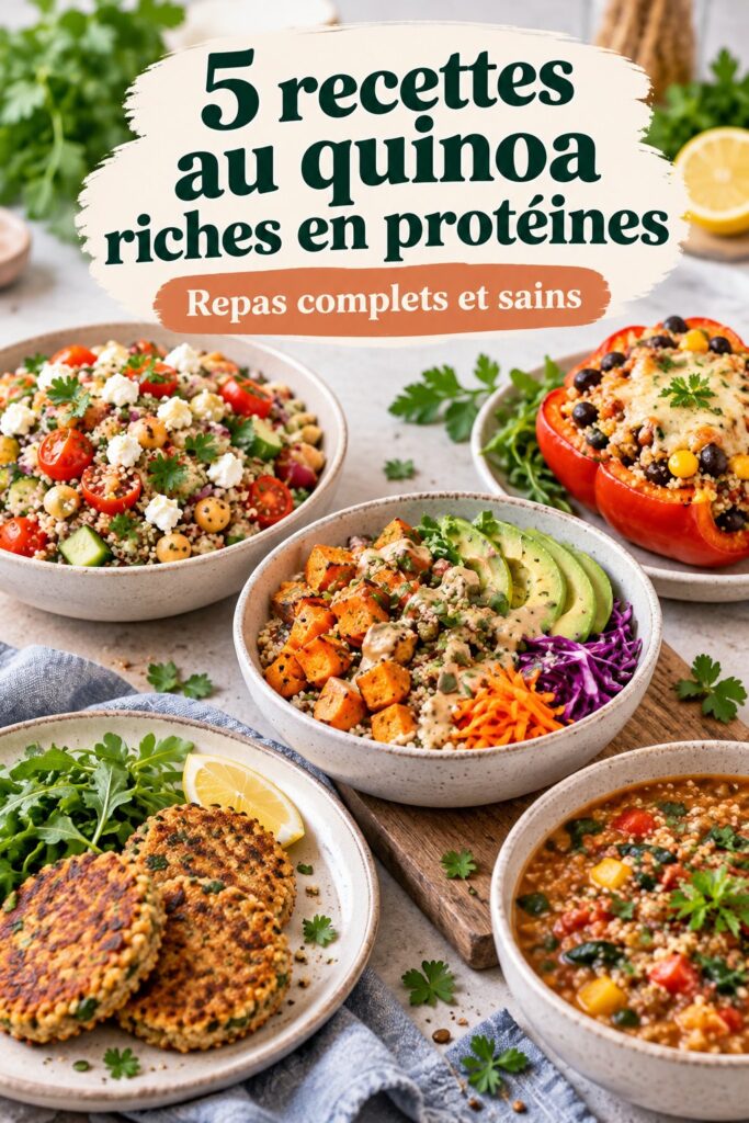 Assiette de recettes variées à base de quinoa, montrant des plats colorés et appétissants.