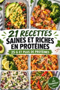 Recettes saines et riches en protéines présentées sur une table élégante