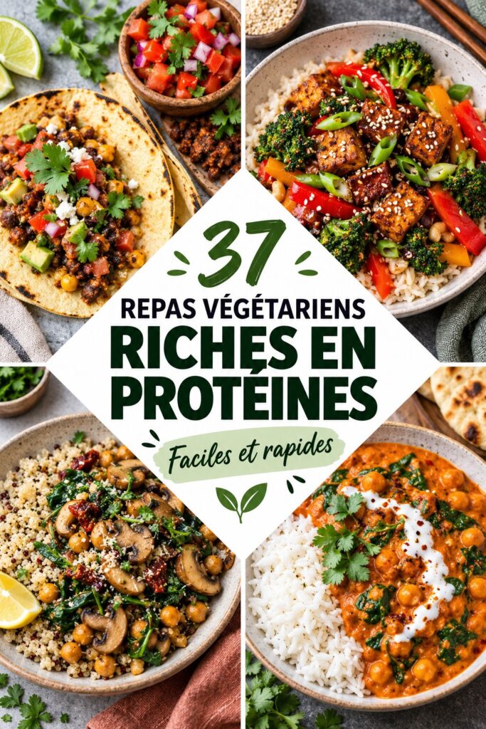 Assiette colorée de plats végétariens riches en protéines tels que des lentilles et des légumes