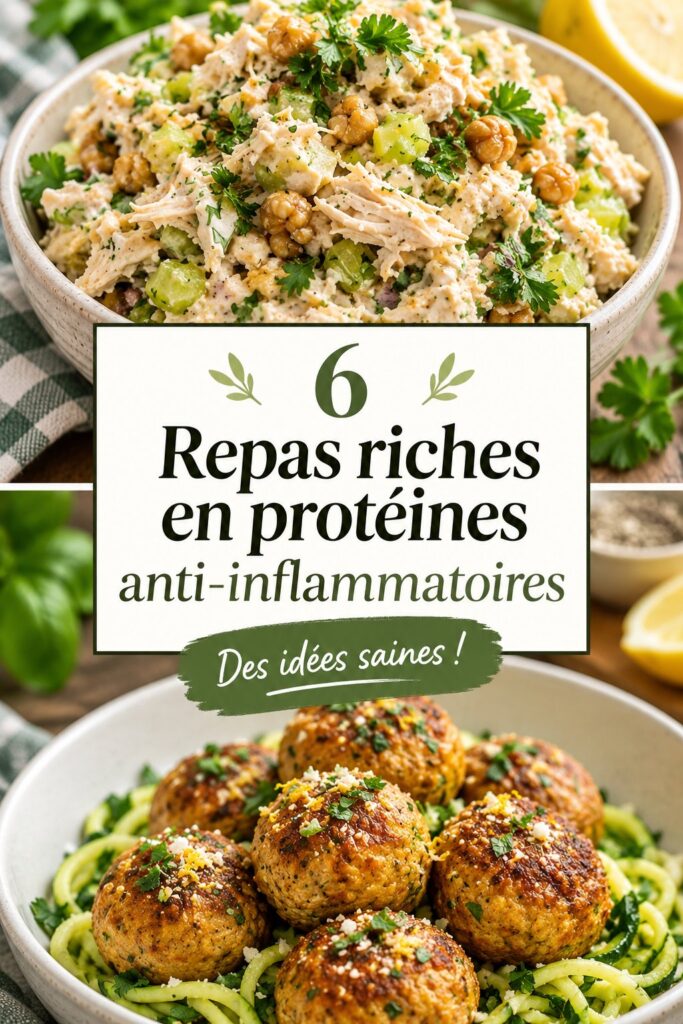 Assiette de repas équilibré riche en protéines et ingrédients anti-inflammatoires