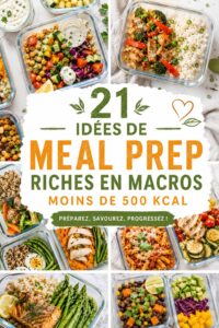 Une sélection de repas colorés et sains à moins de 500 kcal, présentés en plat.