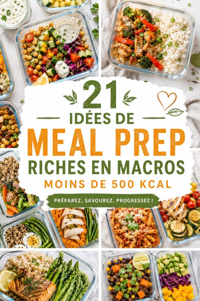 Une sélection de repas colorés et sains à moins de 500 kcal, présentés en plat.