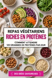 Assiette colorée de repas végétarien riche en protéines avec légumineuses et légumes frais.