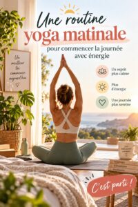 Femme pratiquant des postures de yoga le matin sur un tapis dans un cadre paisible, symbole d'énergie et de bien-être.