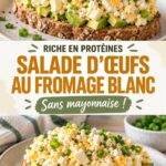 Salade d'œufs au fromage cottage haute en protéines, sans mayonnaise, servie dans un bol en bois.