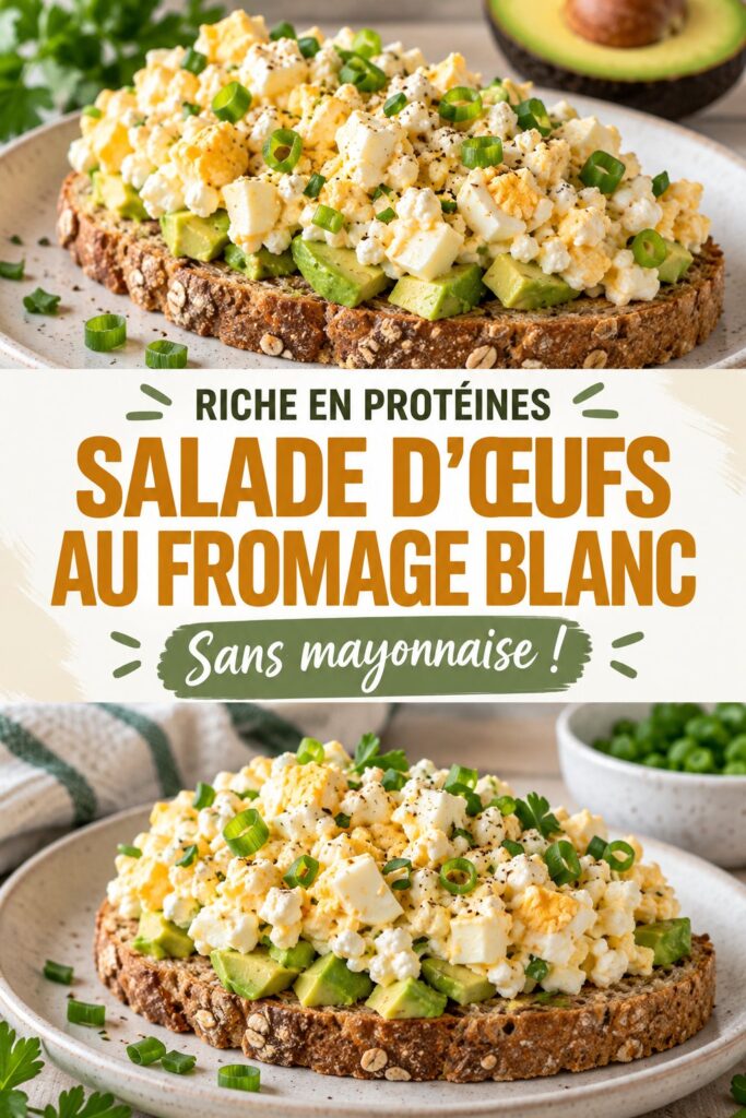Salade d'œufs au fromage cottage haute en protéines, sans mayonnaise, servie dans un bol en bois.