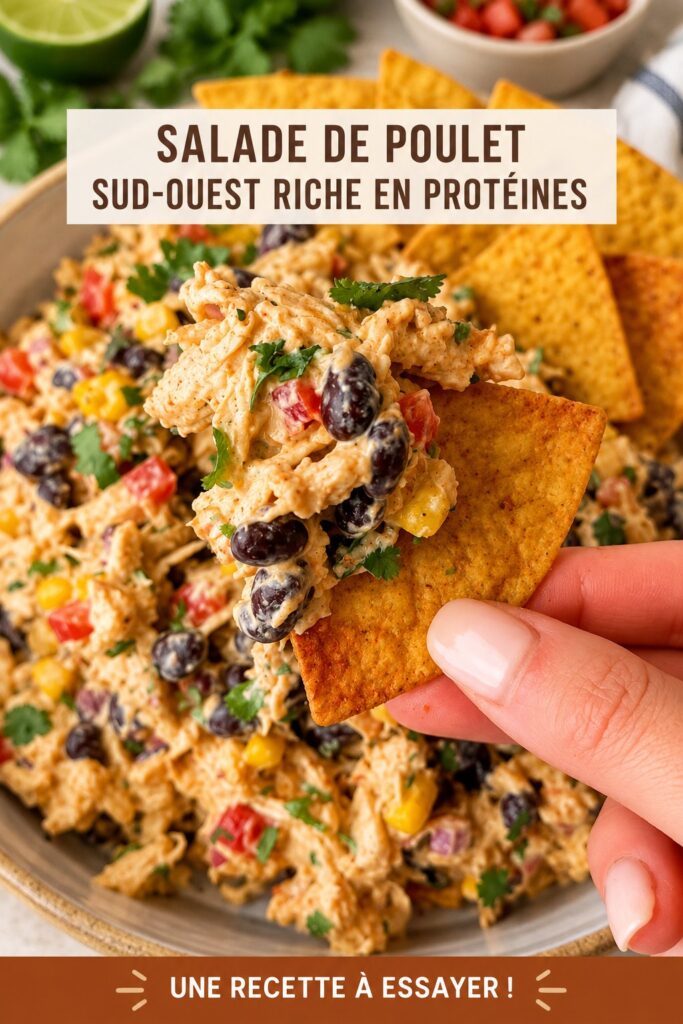 Une salade de poulet épicée avec des ingrédients frais et colorés, riche en protéines.