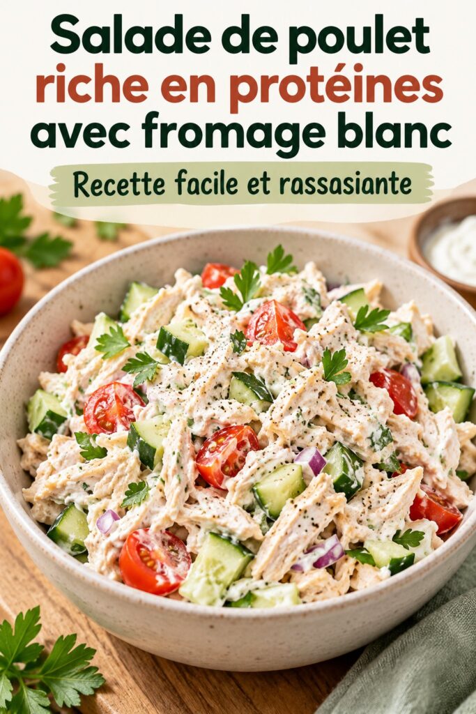 Salade de poulet avec fromage cottage et légumes frais, présentation colorée sur une assiette.