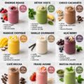 Un smoothie protéiné crémeux présenté dans un verre, avec des fruits frais en arrière-plan.