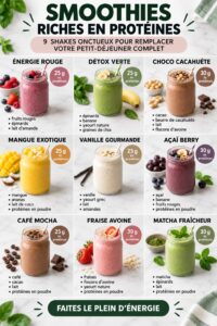 Un smoothie protéiné crémeux présenté dans un verre, avec des fruits frais en arrière-plan.
