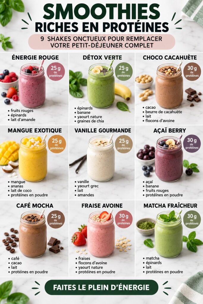 Un smoothie protéiné crémeux présenté dans un verre, avec des fruits frais en arrière-plan.