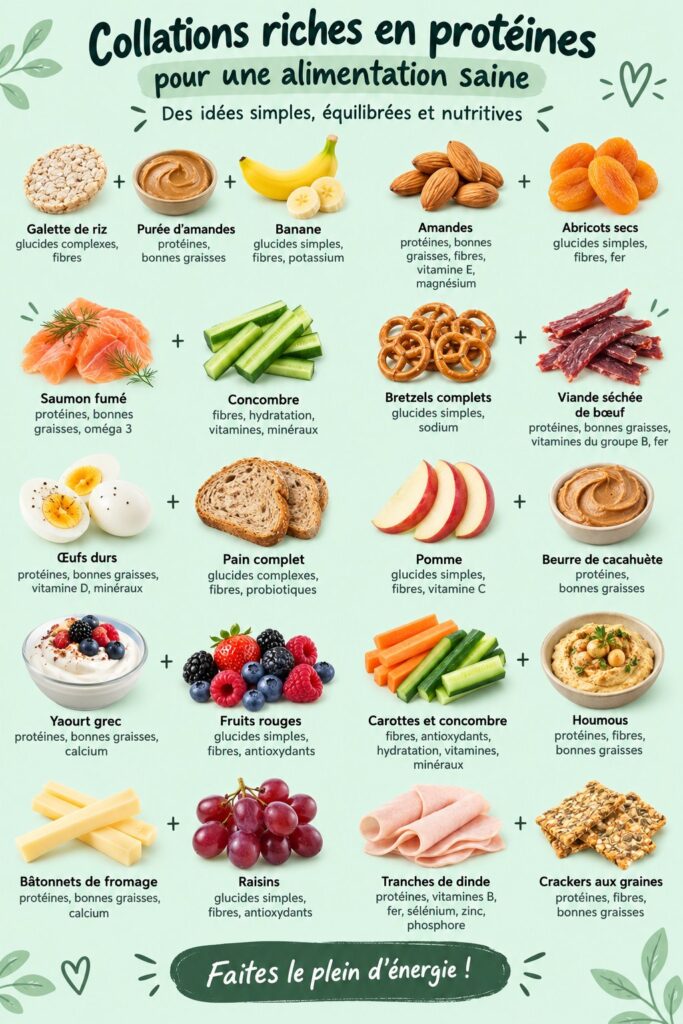 Assortiment de snacks protéinés présentés sur une table avec des fruits et des noix