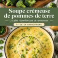 Une soupe de pommes de terre crémeuse servie dans un bol chaleureux, avec des herbes sur le dessus.