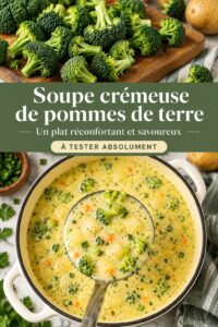 Une soupe de pommes de terre crémeuse servie dans un bol chaleureux, avec des herbes sur le dessus.