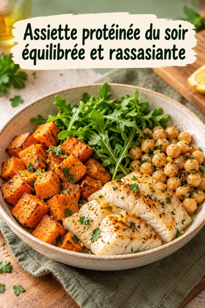 Dîner équilibré avec assiette protéinée contenant poulet, quinoa et légumes