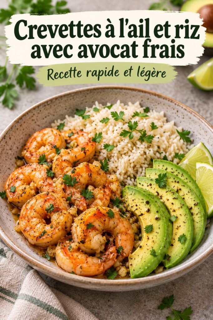 Bol de crevettes à l'ail sur un lit de riz avec des morceaux d'avocat et de poivrons