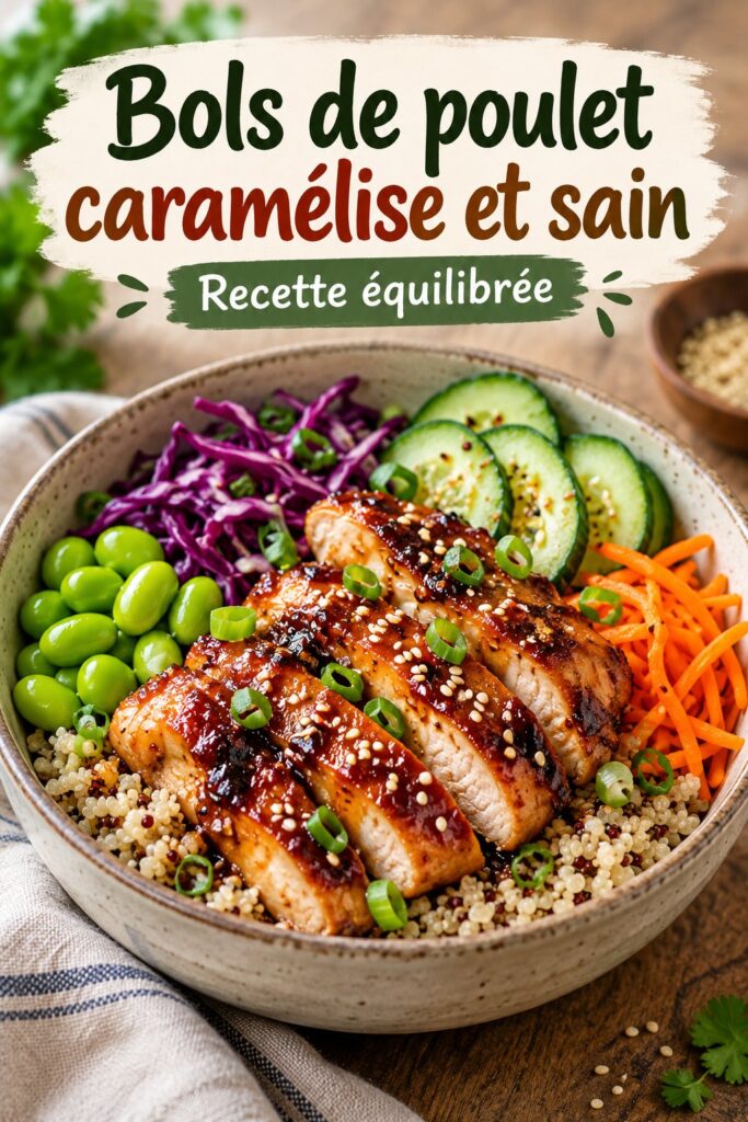Bols de poulet sains avec légumes frais et sauce légère, parfaits pour un repas équilibré.