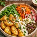 Bowl de pommes de terre coloré garni de légumes frais et sauce délicieuse