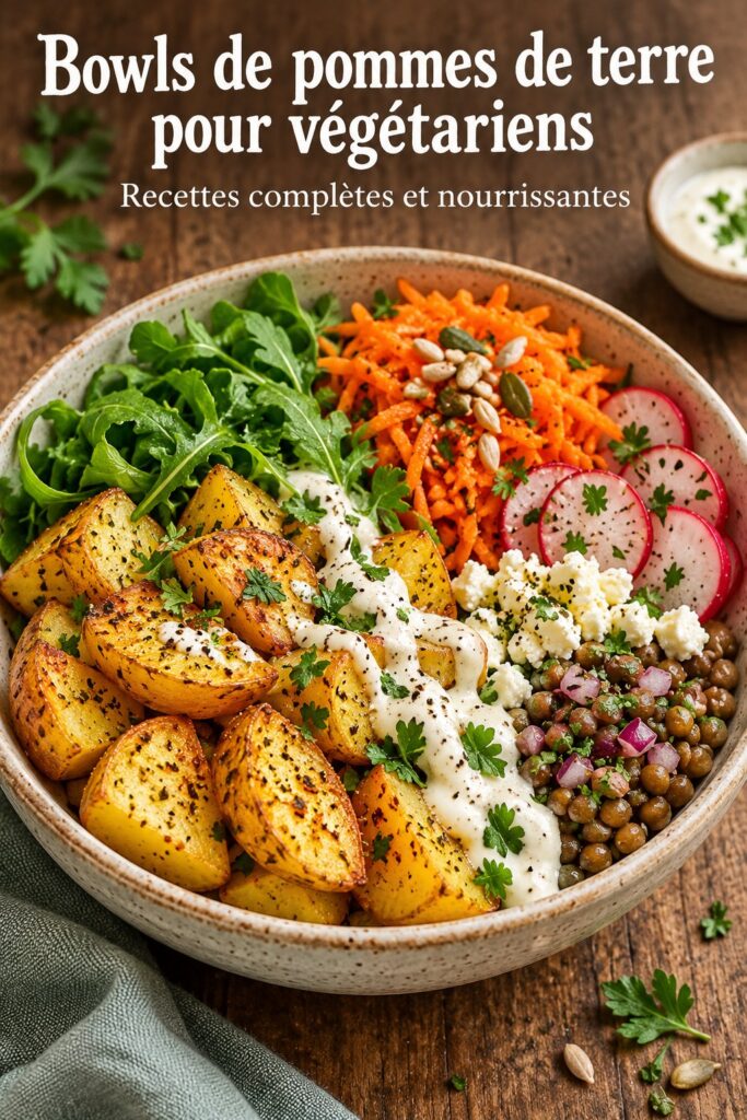 Bowl de pommes de terre coloré garni de légumes frais et sauce délicieuse