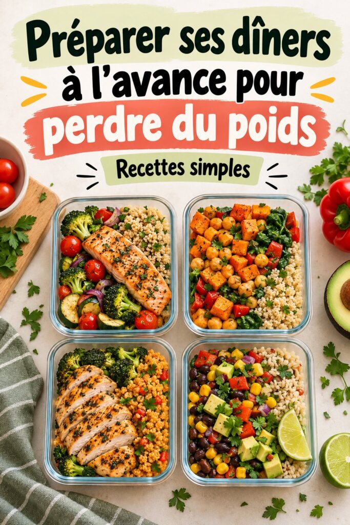 Plat coloré de dîners sains préparés à l'avance avec légumes et protéines.