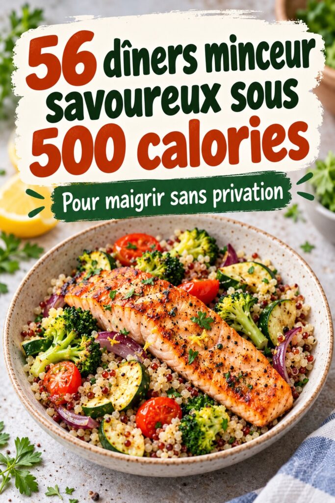 Assiette colorée de dîners savoureux à moins de 500 calories avec légumes frais et protéines maigres.