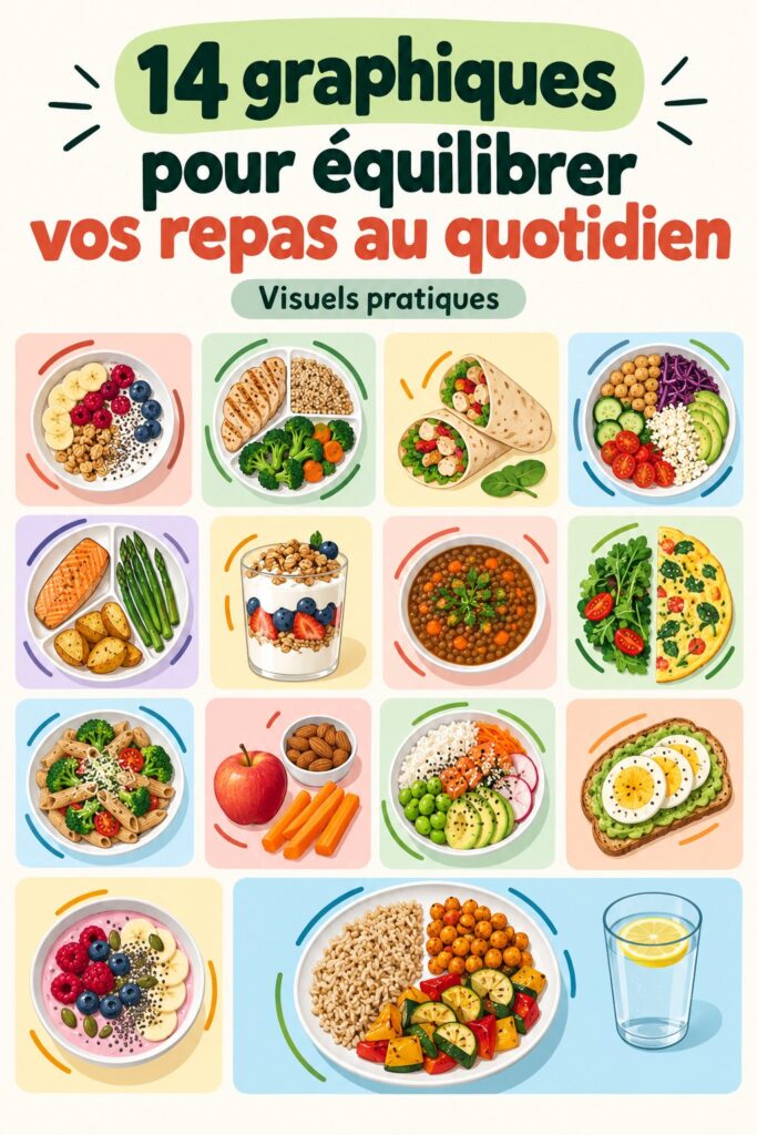 Graphique coloré montrant un repas équilibré entre protéines, légumes et glucides.