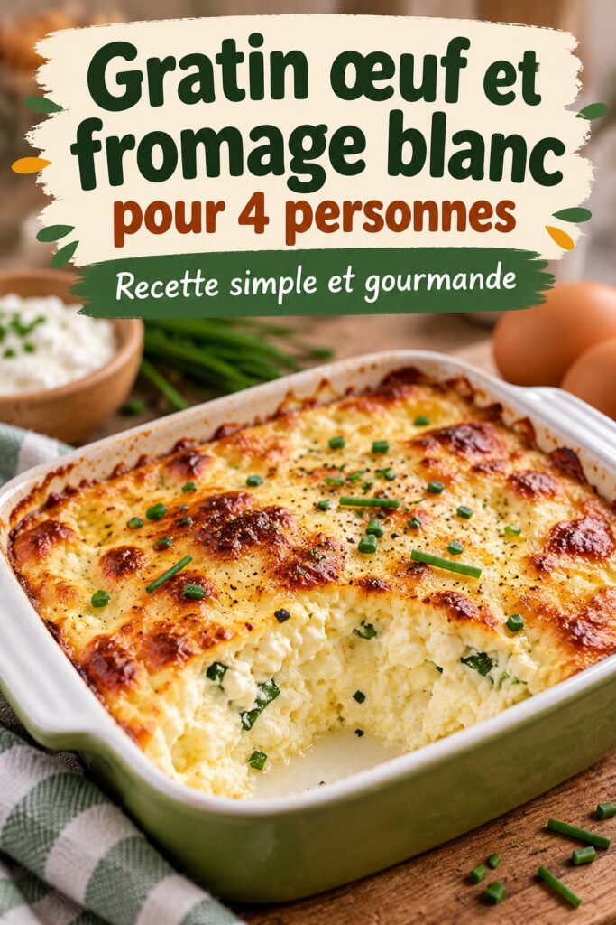 Un gratin de fromage blanc et oeufs doré au four, servi dans un plat élégant.