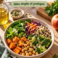 Des plats colorés et sains sur une table, représentant un mode de vie équilibré.