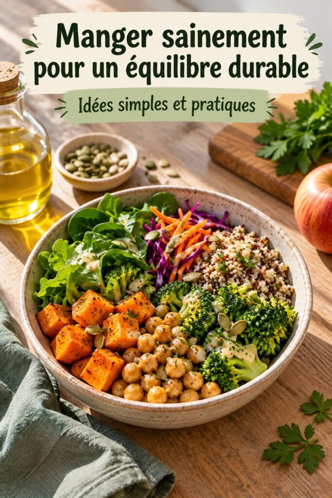 Des plats colorés et sains sur une table, représentant un mode de vie équilibré.