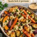 Bol de légumes rôtis croustillants avec sauce tahini au miel sur une table en bois.