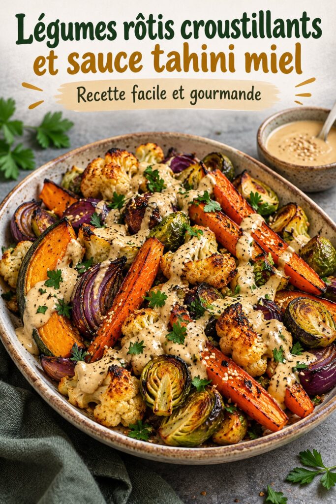 Bol de légumes rôtis croustillants avec sauce tahini au miel sur une table en bois.