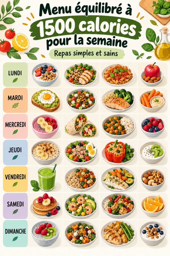 Un échantillon de plat sain représentant le menu équilibré à 1500 calories pour la semaine.